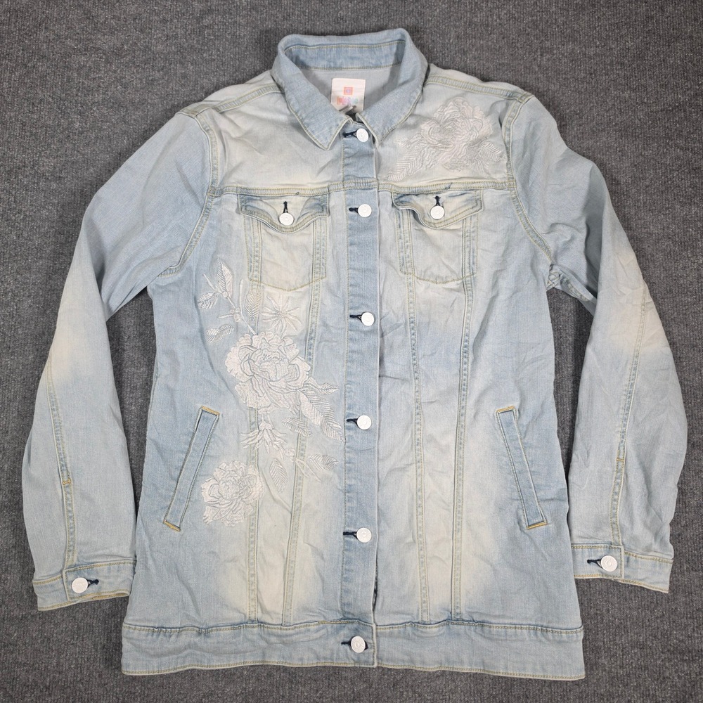 LuLaRoe Jaxon Denim Jacket XL Light Wash Floral Embroidered Longline Trucker